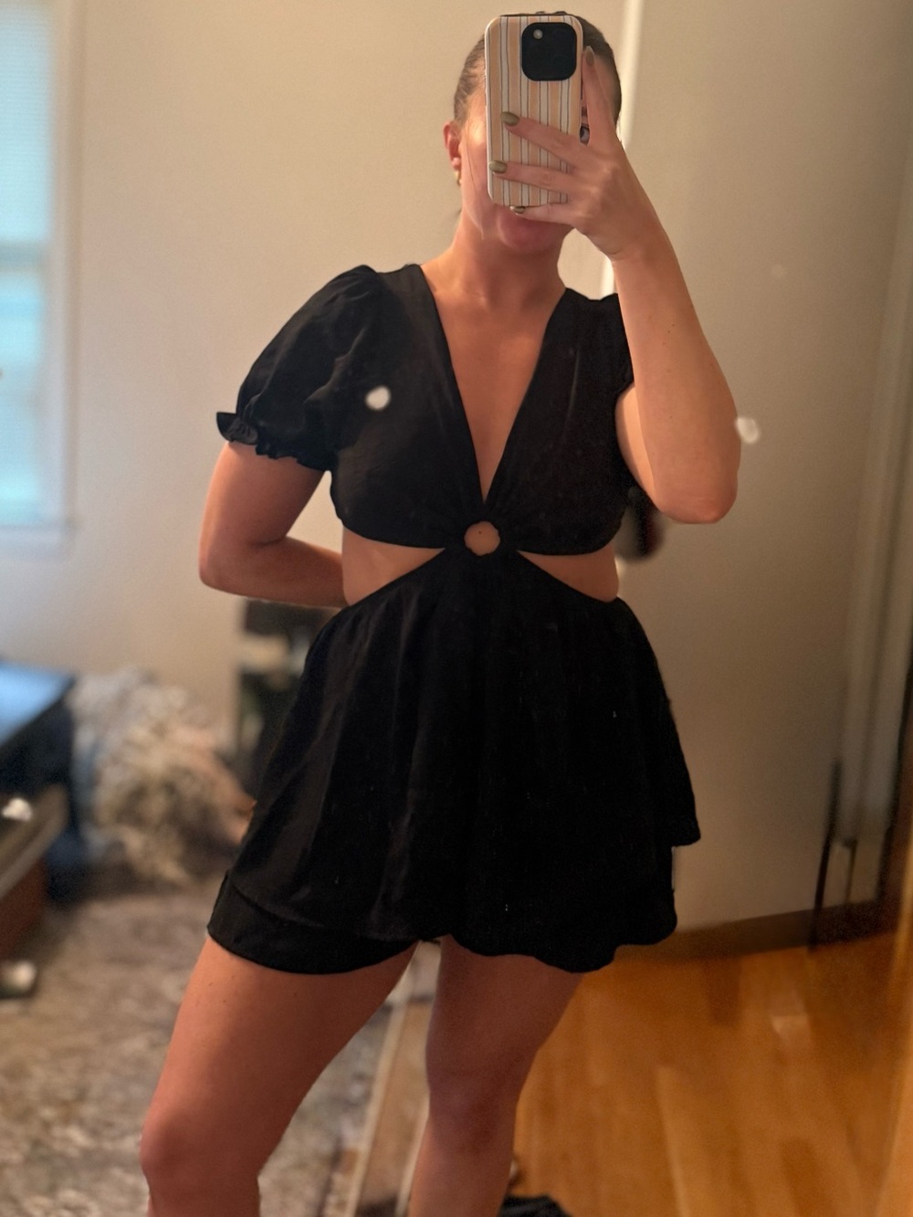 Black Puff-Sleeve Cutout Romper